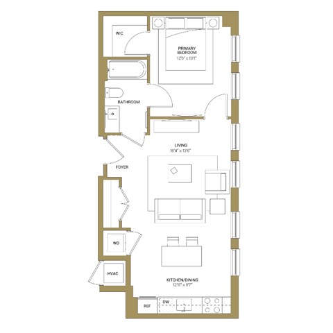 Floor plan for 1 bed, 1 bath, 636 sqft